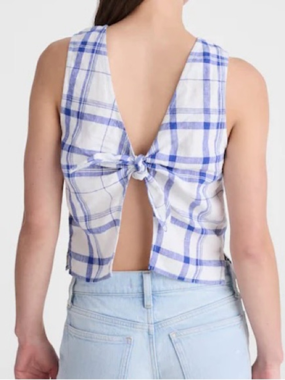 NWT Madewell Tie-Back Shell Top in 100% Linen in Oversized Blue White Plaid - Picture 2 of 6